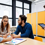 **Image Prompt:** A diverse group of product designers collaborating in a modern co-working space, reviewing design prototypes and brainstorming ideas. Focus on the collaborative energy and use of digital tools like tablets and interactive whiteboards. The atmosphere should be bright, innovative, and focused on problem-solving.