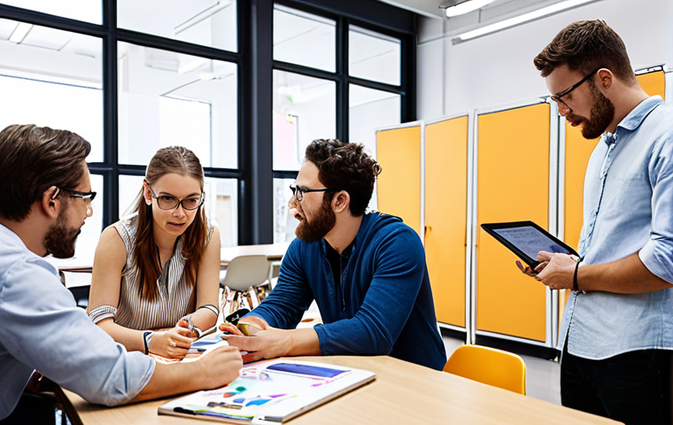 **Image Prompt:** A diverse group of product designers collaborating in a modern co-working space, reviewing design prototypes and brainstorming ideas. Focus on the collaborative energy and use of digital tools like tablets and interactive whiteboards. The atmosphere should be bright, innovative, and focused on problem-solving.