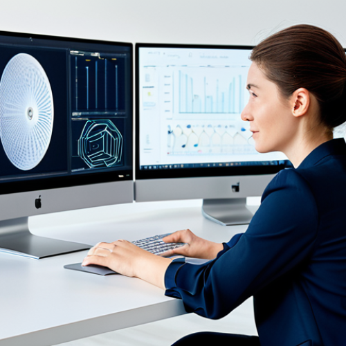 Home 14 A professional female product designer, in a modest, contemporary business casual outfit, seated at a sleek, minimalist desk in a bright, modern design studio. Two large monitors display complex 3D CAD models, abstract generative design patterns, and interactive UI/UX wireframes. A subtle glow from the screens illuminates her face. Professional photography, soft studio lighting, ultra-detailed, high-resolution, sharp focus, vibrant colors. safe for work, appropriate content, fully clothed, professional, modest, family-friendly, perfect anatomy, correct proportions, natural pose, well-formed hands, proper finger count, natural body proportions.