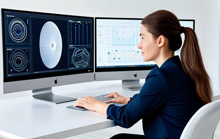 A professional female product designer, in a modest, contemporary business casual outfit, seated at a sleek, minimalist desk in a bright, modern design studio. Two large monitors display complex 3D CAD models, abstract generative design patterns, and interactive UI/UX wireframes. A subtle glow from the screens illuminates her face. Professional photography, soft studio lighting, ultra-detailed, high-resolution, sharp focus, vibrant colors. safe for work, appropriate content, fully clothed, professional, modest, family-friendly, perfect anatomy, correct proportions, natural pose, well-formed hands, proper finger count, natural body proportions.