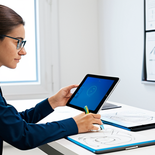 Home 7 A professional product designer, fully clothed in a modest business casual outfit, sitting at a clean, modern desk in a well-lit design studio. The designer is thoughtfully sketching on a digital tablet, with a few physical prototypes and design sketches visible on the desk. The background features collaborative whiteboards with UX/UI flowcharts. The image conveys focus, innovation, and digital expertise. Perfect anatomy, correct proportions, well-formed hands, natural pose, professional dress, appropriate attire, safe for work, appropriate content, high quality, professional photography.