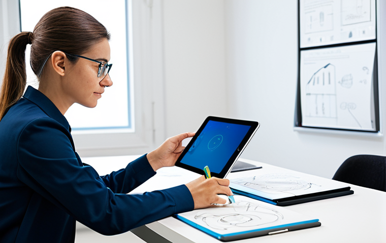 A professional product designer, fully clothed in a modest business casual outfit, sitting at a clean, modern desk in a well-lit design studio. The designer is thoughtfully sketching on a digital tablet, with a few physical prototypes and design sketches visible on the desk. The background features collaborative whiteboards with UX/UI flowcharts. The image conveys focus, innovation, and digital expertise. Perfect anatomy, correct proportions, well-formed hands, natural pose, professional dress, appropriate attire, safe for work, appropriate content, high quality, professional photography.
