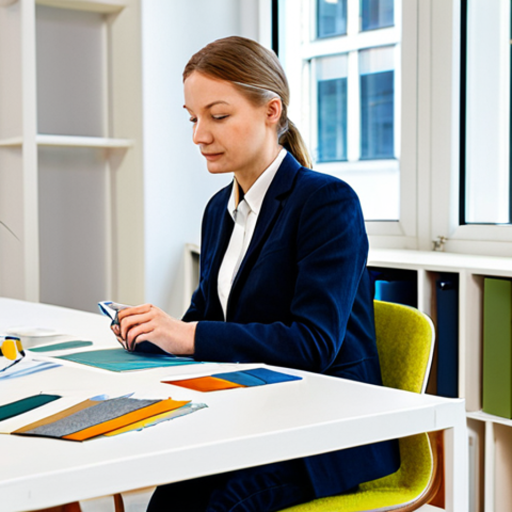 Specialization - Sustainable Design Focus**

A product designer, fully clothed in professional attire, sketches a concept for an eco-friendly chair made from recycled materials in a bright, modern co-working space. The scene is clean and well-lit, with samples of sustainable fabrics and material swatches visible. Focus on perfect anatomy and natural proportions. Keywords: "sustainable design", "eco-friendly", "product design", "German designer", "safe for work", "appropriate content", "fully clothed", "professional".

**