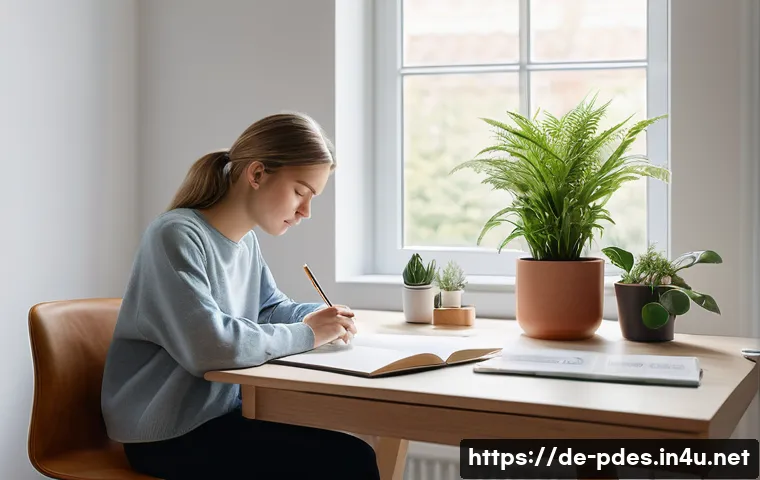 제품디자인 자격증 준비를 위한 멘탈 관리 - A serene study room in a modern German apartment with a young adult focused on product design certif...