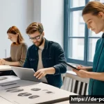 제품디자인 자격증 대비 개인 스터디 - A modern German design studio interior with young adult product designers collaborating on innovativ...