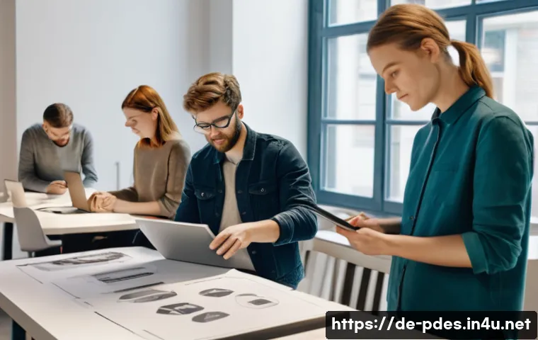 제품디자인 자격증 대비 개인 스터디 - A modern German design studio interior with young adult product designers collaborating on innovativ...