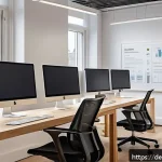 제품디자인 자격증으로 업계 네트워킹 방법 - A professional German UX designer in a modern co-working space, focused on user experience design on...