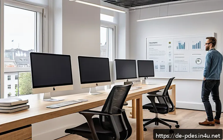 제품디자인 자격증으로 업계 네트워킹 방법 - A professional German UX designer in a modern co-working space, focused on user experience design on...