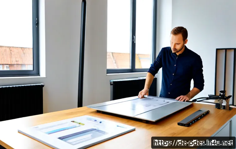 제품디자인 자격증이 필요한 직군 - Photorealistic German industrial product designer in a bright modern design studio, reviewing a slee...